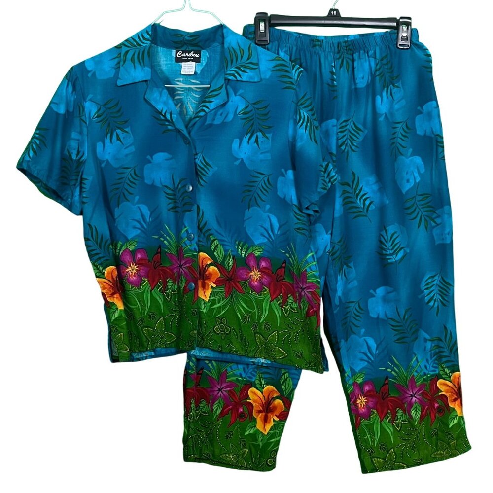 Caribou Womens 2‎ Piece Shirt Cropped Pants Vintage Tropical Blue Size Large